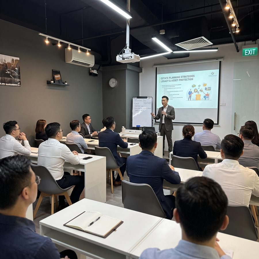 Consultant presenting estate planning strategies to a full seminar room