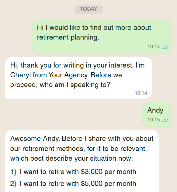WhatsApp AI assistant qualifying an inbound lead about retirement planning