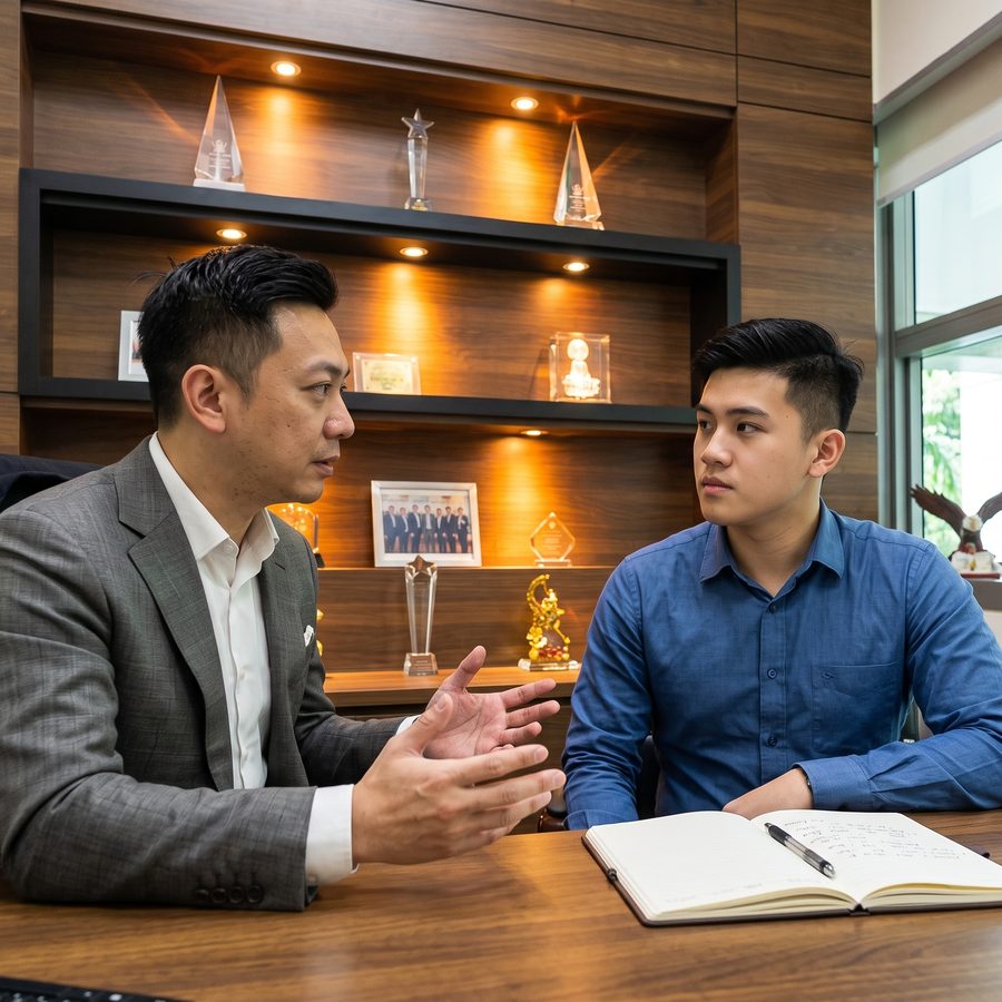 Mentor coaching a consultant one-on-one across a desk